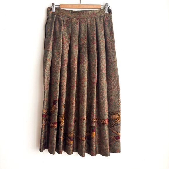 Vintage Ralph Lauren Silk Pheasant Hunting Theme Midi Skirt 8 - Picture 7 of 9